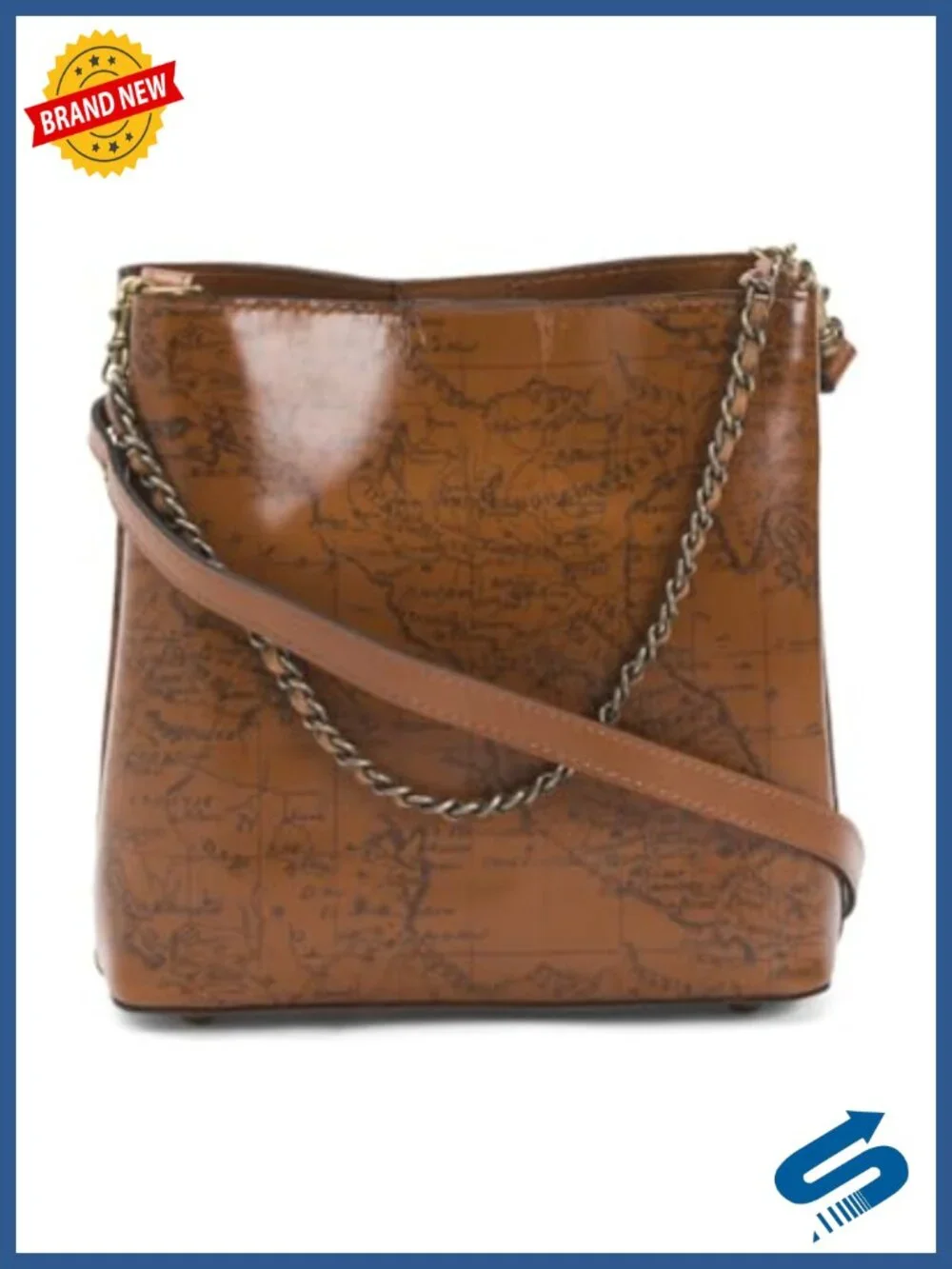 Genuine Leather Bucket Crossbody Bag with Chain Handle Adjustable Strap